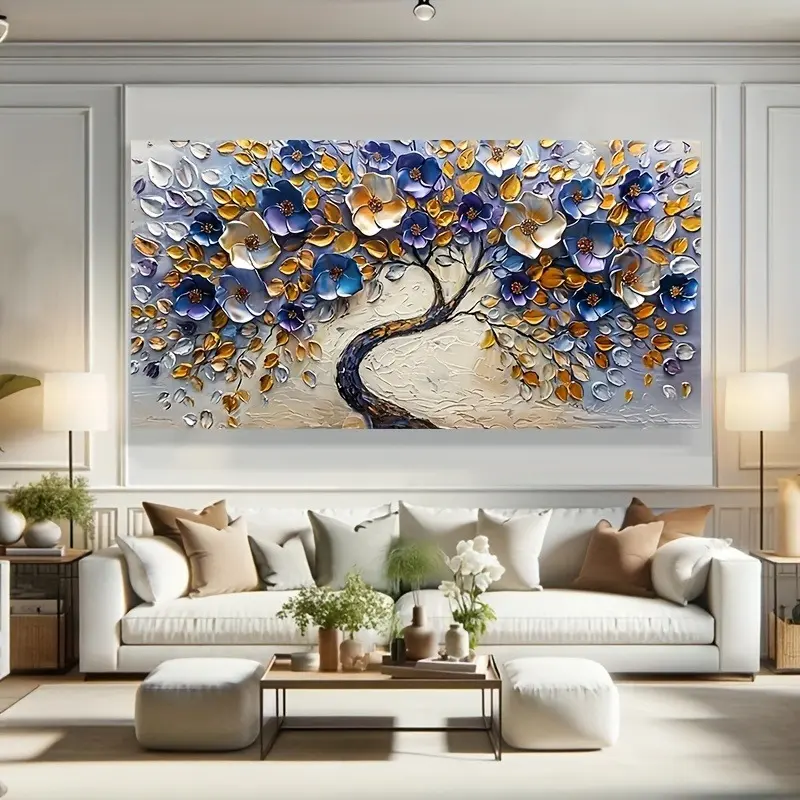 Textured Blue Abstract Flower Tree Canvas Oil Painting - Unframed Photo-Printed Homestyle Wall Art with Unique Design, Decorative 16*24inch/20*30inch Multi-Size Indoors Living Room Accent, No Frame Option