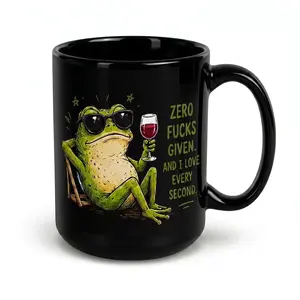 Funny Frog Mug, Black Ceramic Coffee Cup 11oz/15oz with Zero F’s Given Design, Sarcastic Novelty Gift for Friends, Coworkers, Men, Women