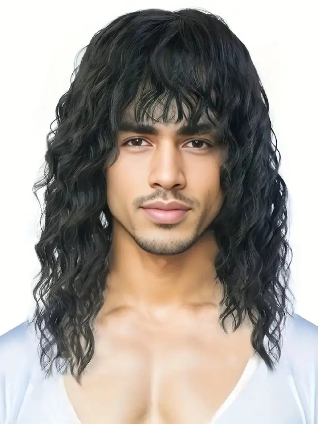 Men's Curly Wig with Fringe, Heat Resistant Synthetic Fiber, High Density Water Wave, Adjustable Cool Style, Natural Volume, Comfort Fit, Natural Wavy Wig, Curly Hair Wig, Curly Textured Wigs, Machine Made Wigs