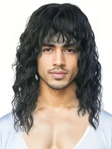 Men's Curly Wig with Fringe, Heat Resistant Synthetic Fiber, High Density Water Wave, Adjustable Cool Style, Natural Volume, Comfort Fit, Natural Wavy Wig, Curly Textured Wigs