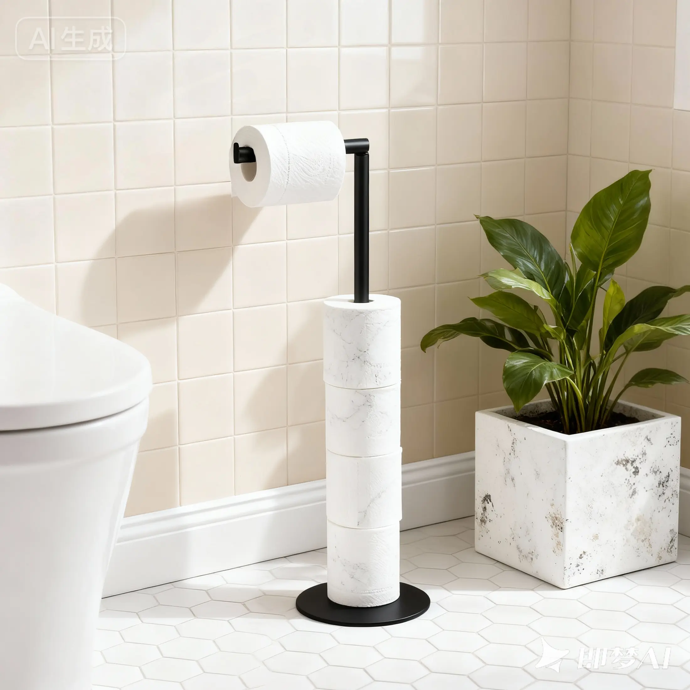 Free Standing Stainless Steel Toilet Paper Holder Stand - No Drill, No Installation Rust-Free Matte Black Minimal Aesthetic Holder & Dispenser, Holds 5 Spare Rolls, No-Drill Toilet Accessory for Bathroom Storage & Decor, Matte Black Holders & Dispensers,