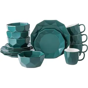 Stone Lain Jamie Informal Porcelain 16-Piece Geometric Dinnerware Set, Green