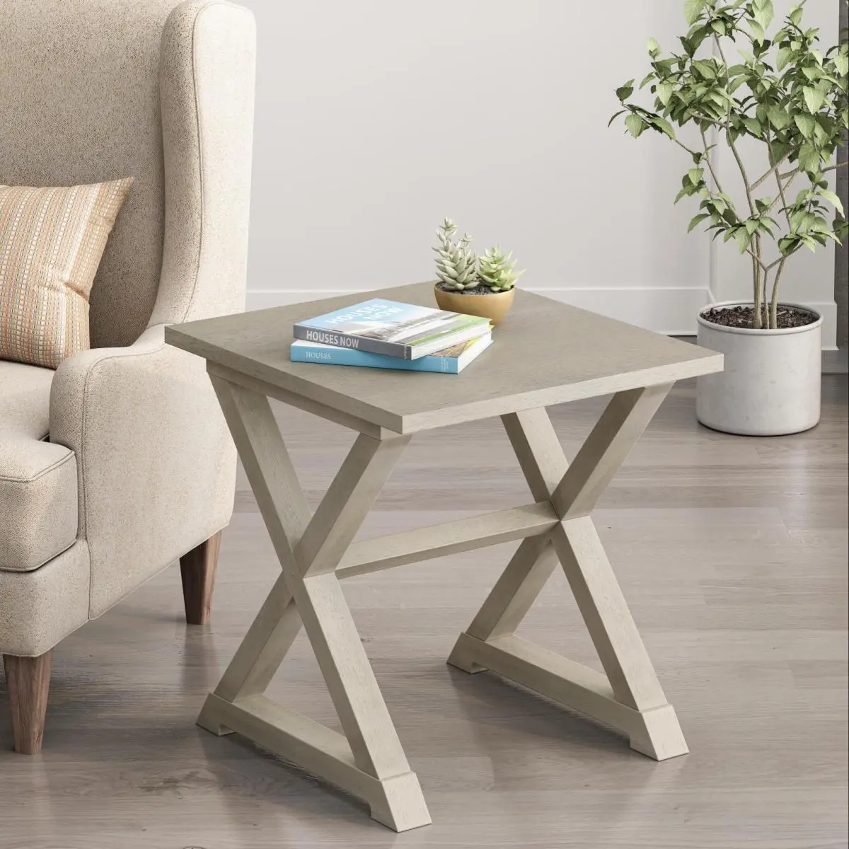 Square Accent Table Antique White End Side Nightstand 22x23.5 Inches Premium Vintage Style Furniture for Living Room Bedroom