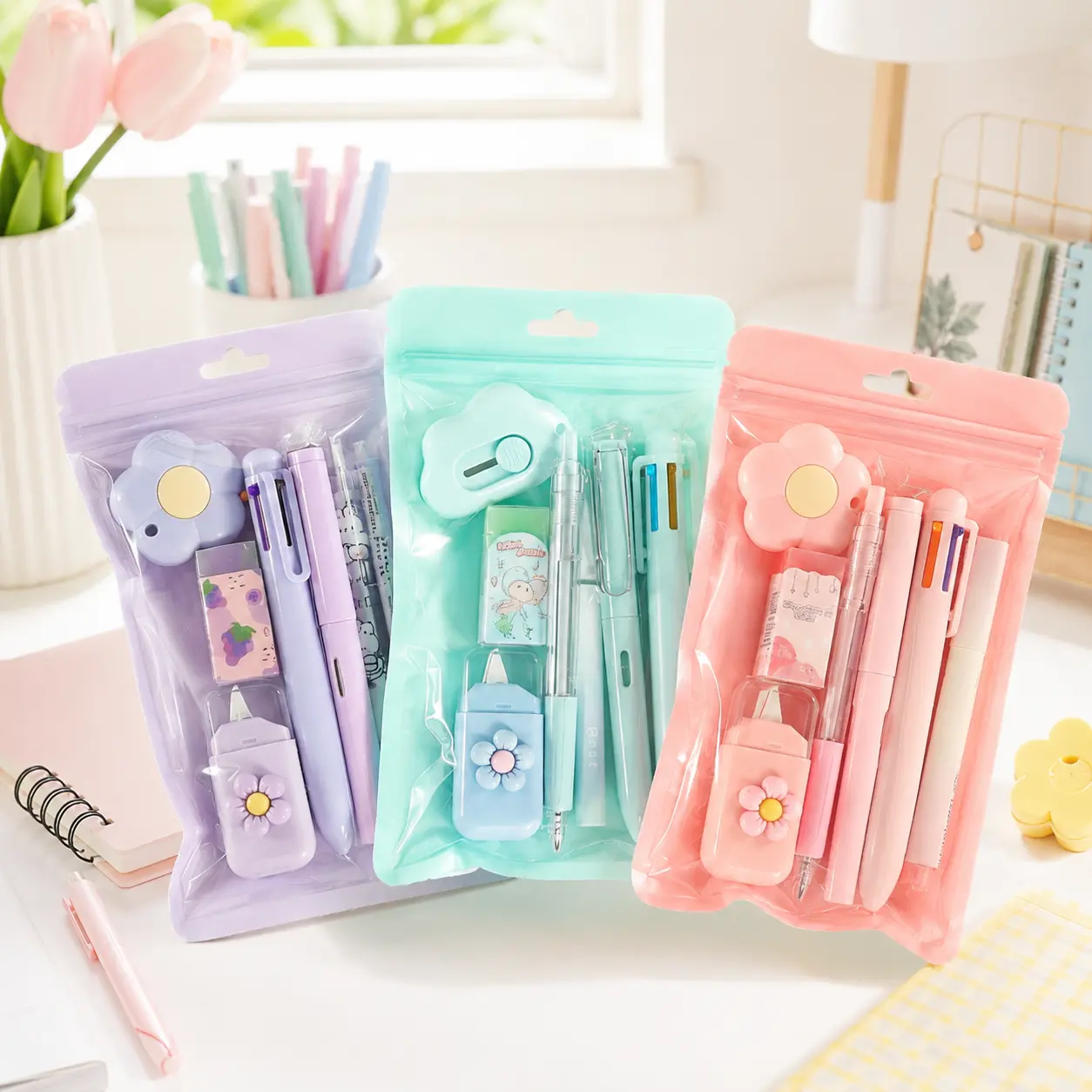 7-Piece Cute Pink Study Stationery Set — Mini Office Supplies Kit including a Ballpoint Pen, Pencil Sharpener, Highlighter, Correction Tape, Ruler, and Utility Knife — A Charming Stationery Gift Set Clip arch Gloss Color Pen Marker Set graduation gifts