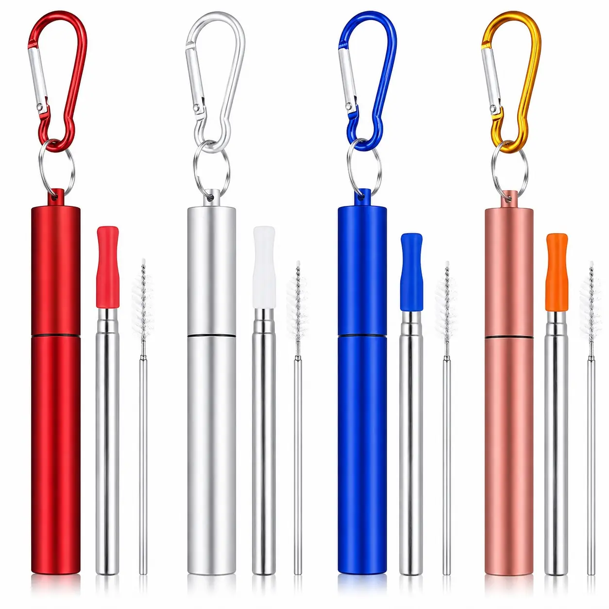 Happy Independence Day Gift 4-Pack reusable Collapsible Stainless Steel Drinking Straws with Aluminum Case,Cleaning Brush,and Keychains