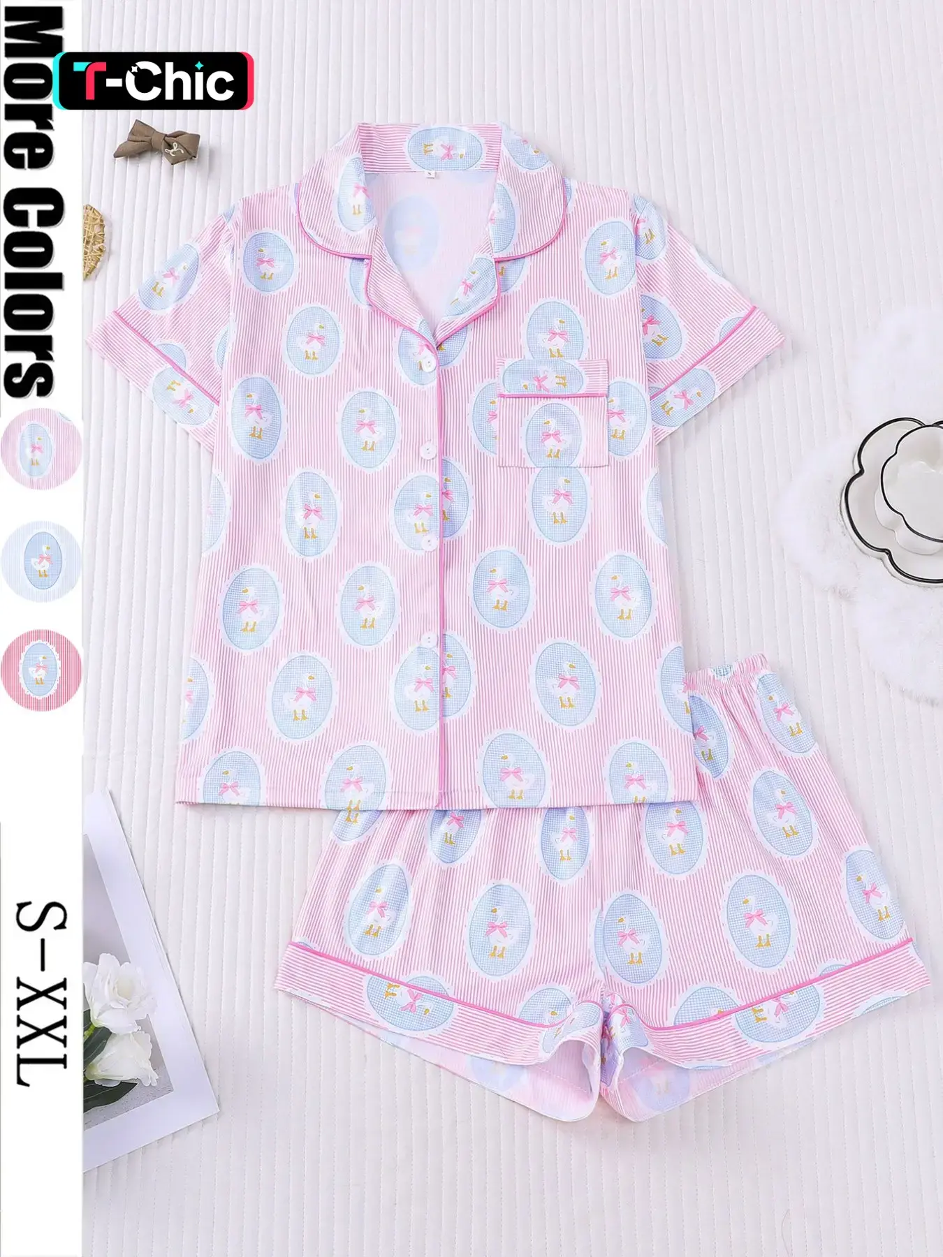 Women's Spring and Summer Pajama Set Pjs, Pajama Outfit, Collared Pajama Set, Cute Gentleman Duck Print Casual Loungewear Nightwear, Comfortable Shirt Collar Short Sleeve Top & Loose Elastic Shorts Pyjamas