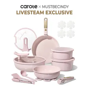 [CAROTEXMUSTBECINDY] Macaron Color 20Pcs Ceramic Cookware Set Stand-Up Lid Live Exclusive