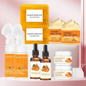 Turmeric Skincare Set, Soap & Mousse Cleanser & Oil & Peel Off Mask & Face Cream Set, Deep Cleansing & Nourishing Skin Care Set, Turmeric Glow Set, Skin Brightening Kit for Women & Men