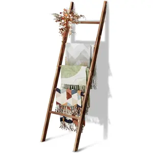 5-tier wooden blanket ladder, 5.3 ft (63") decorative quilt holder rack, easy assembly rustic farmhouse ladder shelf for living room, bedroom, bathroom home decor, brown