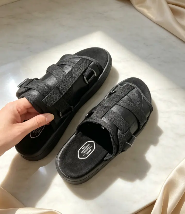 Men’s Black Adjustable Strap Slide Sandals, Open Toe Comfort Sport Sandals, Non-Slip Cushioned Footbed Sandals for Beach Pool Shower and Casual Outdoor Wear