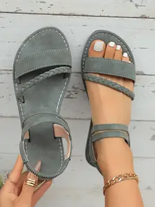 Women's Fashionable Braided Detail Double Band Flat Sandals, Casual Comfortable Slingback Sandals for Summer, Lightweight Breathable Shoes for Daily Wear, Girl