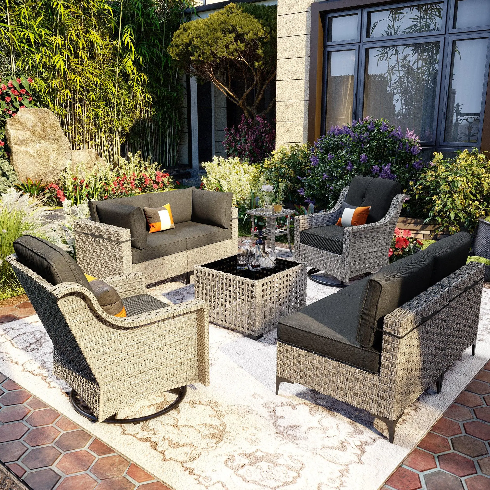 【Summerfinds】OVIOS 8-Piece Outdoor Patio Furniture Set with Swivel Rocking Chairs, All-Weather Wicker Sectional Conversation Set with Cushions for Backyard, Patio, Deck & Garden
