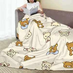 Rilakkuma Cartoon Flannel Throw Blanket, Warm Blanket for Bedroom, Home Decor & Airplane Travel, Sofa Bed Cover, Throw Blankets, Blankets For Bedroom