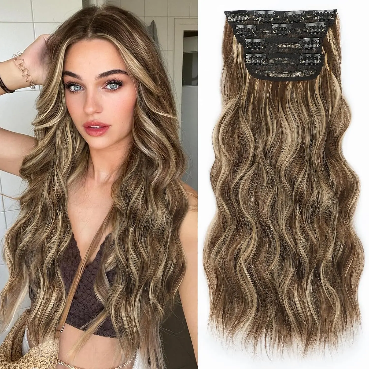 NAYASA Clip in Hair Extensions for Women, Long Wavy Hair Extensions Clip Ins 4PCS 20 Inch Synthetic Soft and Natural Thick Hair Pieces for Women