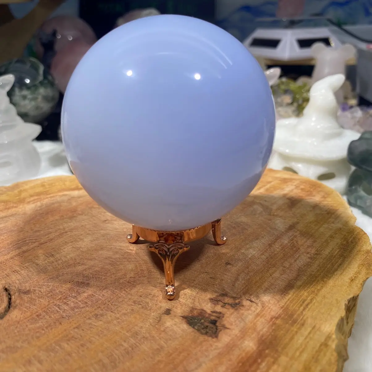 Natural blue chalcedony sphere with free holder Home Ornament