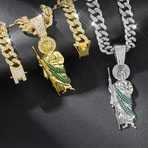 18K Gold Plated Hip Hop Religious Pendant Necklace - Saint Jude Portrait Pendant, Sparkling Cuban Link Chain, Unisex Religious Symbol Jewelry Gift, Suitable for Daily and Party Wear