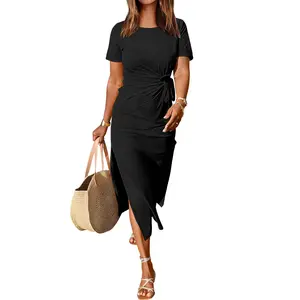 ANRABESS Women’s Summer Short Sleeve Crewneck T Shirt Maxi Dress Tie Waist Casual Slim Fit Slit Beach Dresses Vacation Outdoor Soft Long Dress