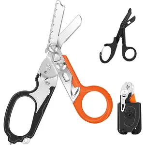 6 In 1 Multi-function Trauma Shears With Holster, Stainless Steel Foldable Emergency Response Shears, Outdoor Camping Medical Scissors Tools, Sheath With EMT Scissors (Black +Orange)