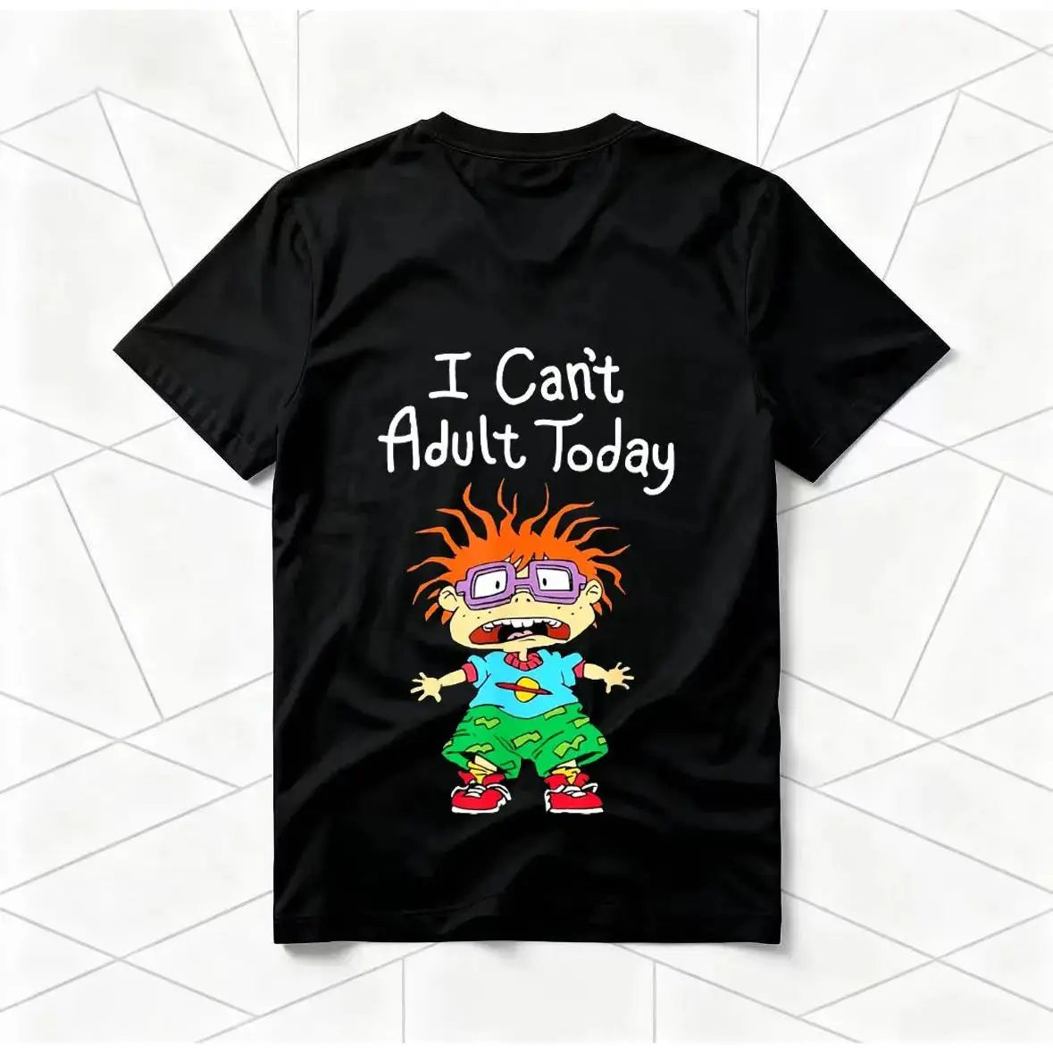 Unisex Short-Sleeve Graphic T-Shirt - 90s Rugrats Theme Pure Cotton Black Round Neck, "I Can't Adult Today" Print, All-Season Breathable Sports Top for Pop Culture Enthusiasts, Streetwear, Menswear, XXXXL, Shortsleeve, Graphic T Shirts, Cartoon Print, All