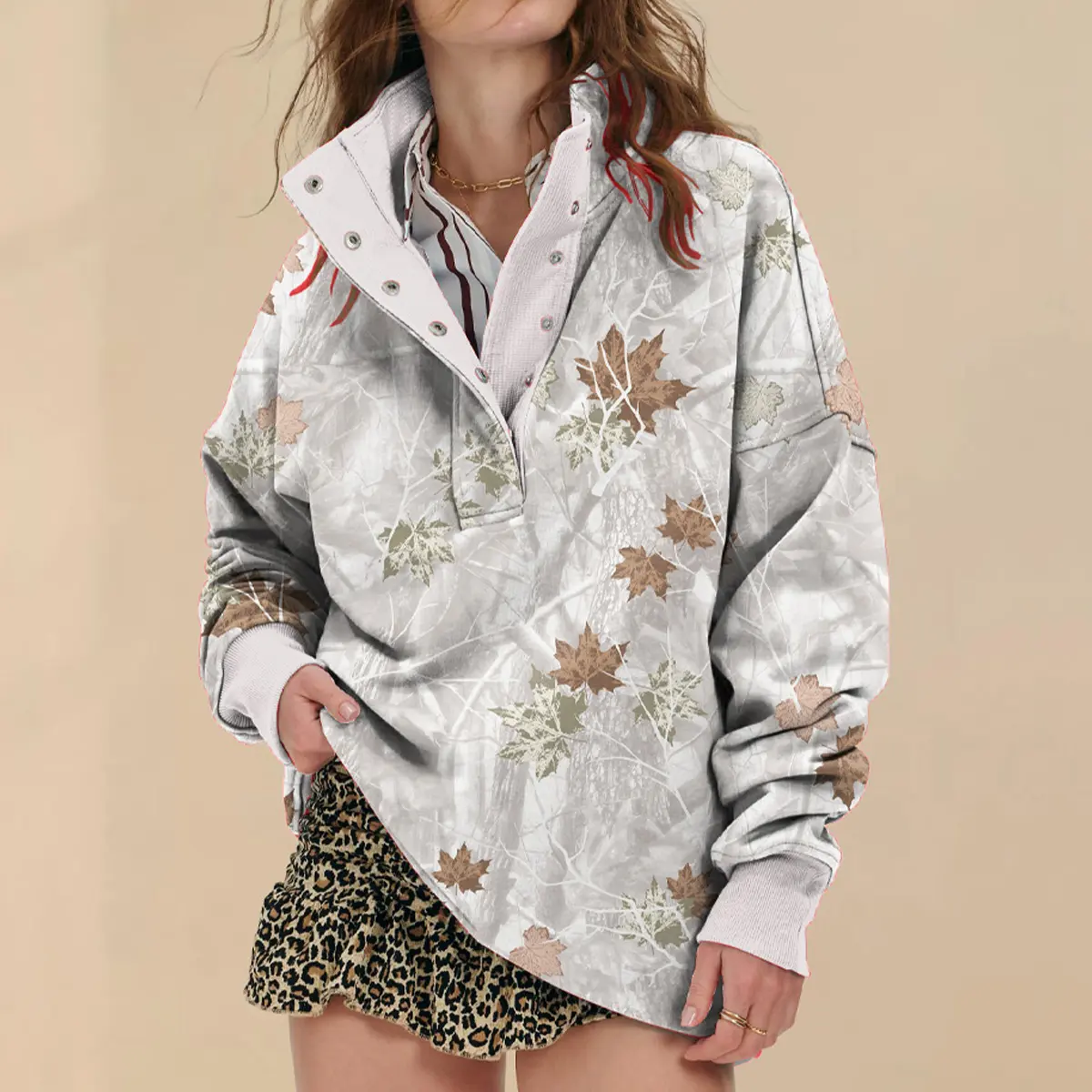 Soesdemo Women's Apricot Oversized Waffle Camo Print Crewneck Sweatshirt - Fleece-Lined Mock Neck, Longsleeves Casual Pullover Hoodie Tunic with Buttons, Cozy Fall Womenswear Top, Women's Clothes,back to school,back to school shopping