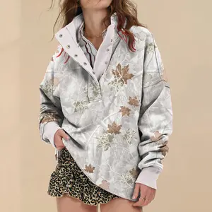 Soesdemo Women's Apricot  Hoodie Oversized Waffle Camouflage Knit Pullover Sweatshirt – Fleece Lined Mock Neck Tunic Comfort Hoodie with Buttons, Long Sleeve Cozy Fall Womenswear Top