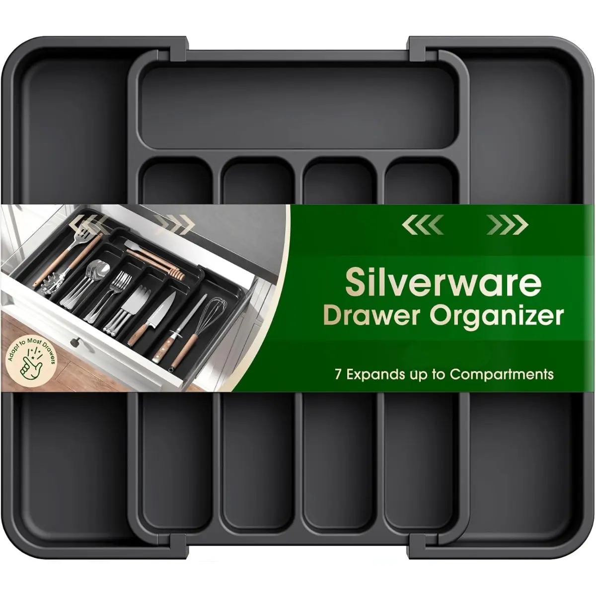 Silverware Organizer - Expandable Kitchen Drawer Organizer, Adjustable Utensil Organizer, Cutlery Tray for Forks, Knives, Multipurpose Kitchen Organizers and Storage Solution, Black, Medium