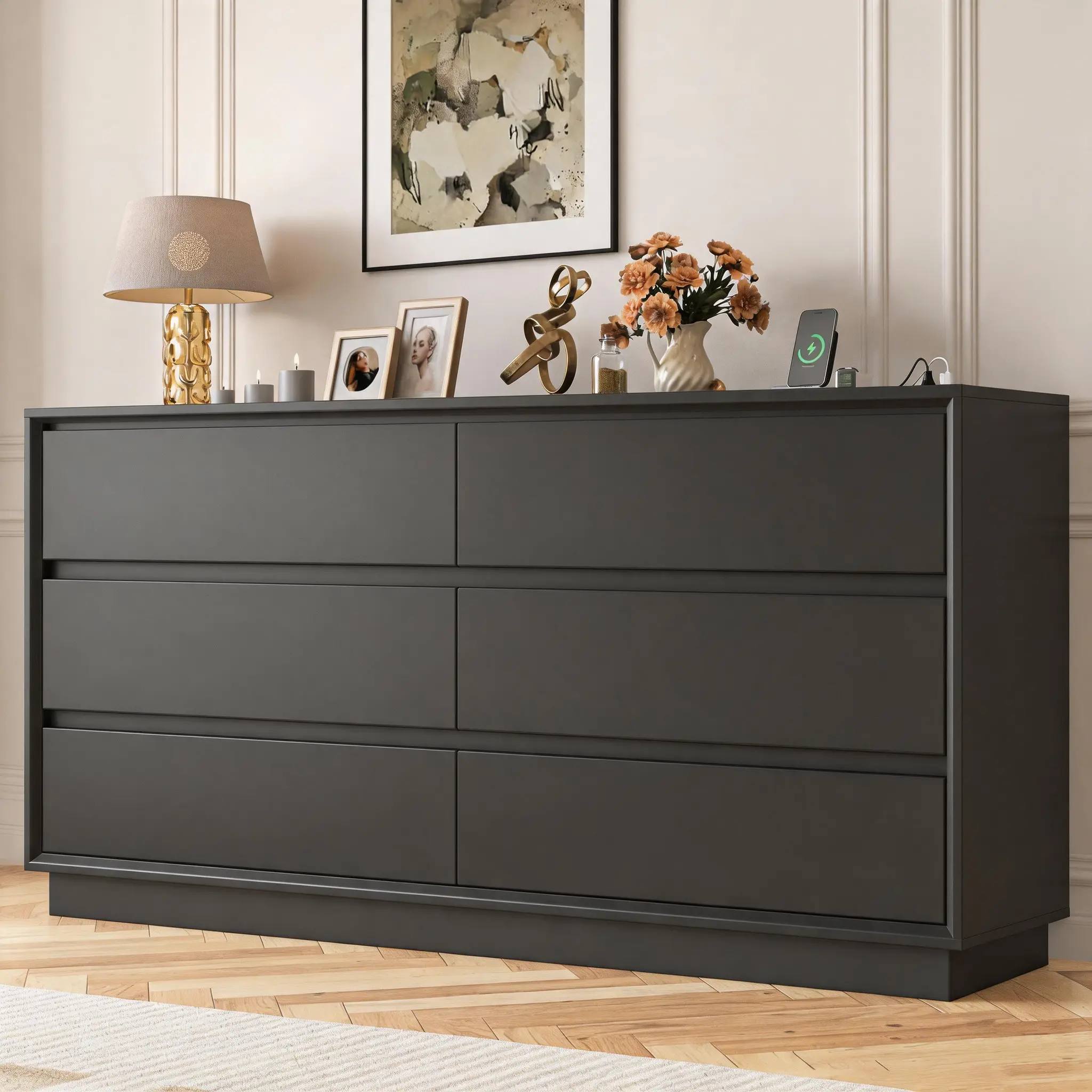 55"Width dresser for Bedroom with 6 Drawers, Black Dresser with Metal Slide, Bedroom Dressers, Wood Dressers & Chests of Drawers for Bedroom, Hallway, Black campingessentials