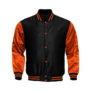 Deckra Men's Handmade Longsleeves Varsity Satin Jacket - Stylish Casual Black-Orange Polyester Menswear Top with Pocket, Jackets & Coats