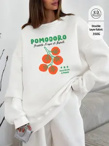 Tomato Print Loose Round Neck Sweatshirt, High-Quality Fitted Design, Casual All-Season Wear, Model Wears 2xl, Buy One Size Up