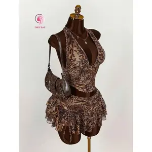 Women's backless leopard print vest and fashionable low waisted skirt set fits well