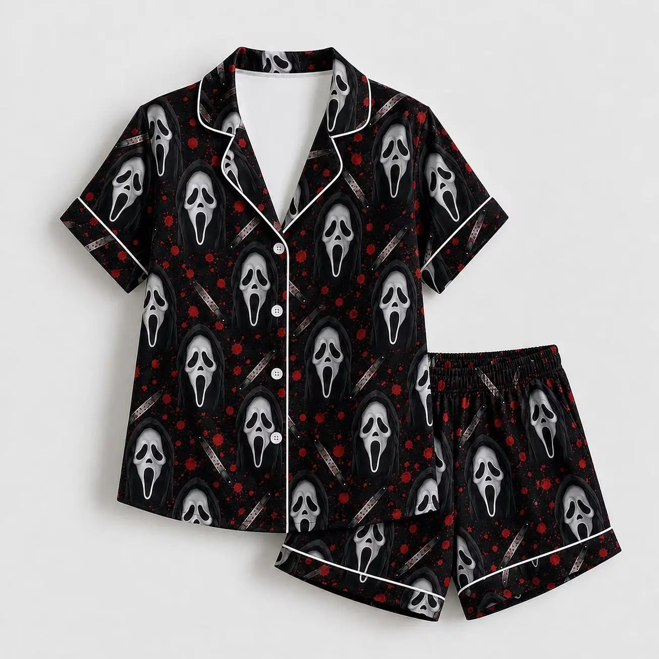 Ghostface Horror Satin Pajama Set with Bloody Knife and Spooky Slasher Pattern for Halloween Sleepwear