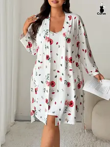 Plus Size Flower Print Lace Halter Dress + Long Sleeve Sleeprobe Set, Floral Sweet Casual Home Wear, Fitted Nightgown/robe, All Seasons Loungewear