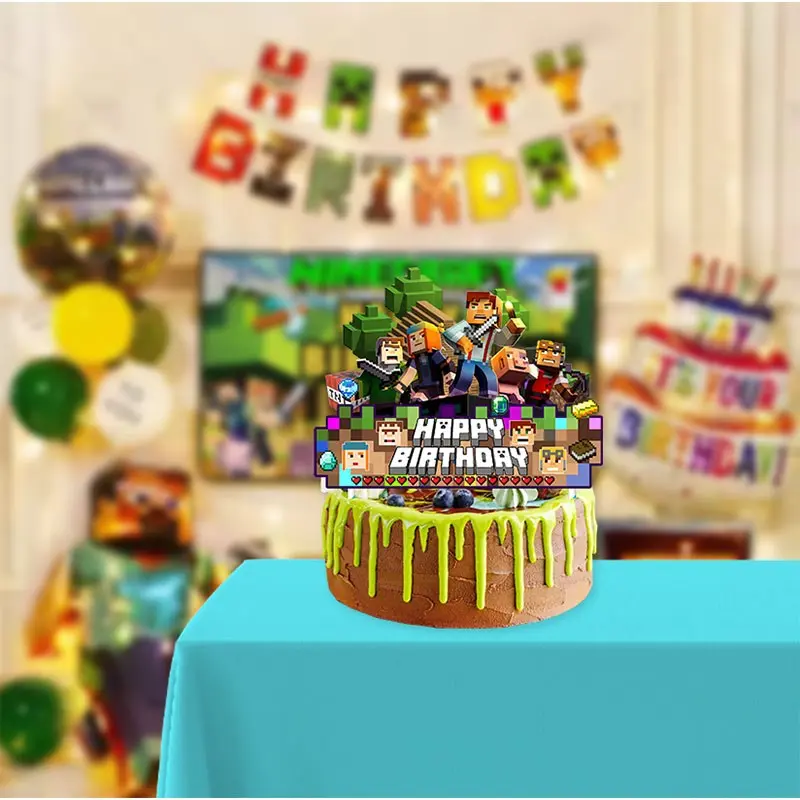 Pixel Mining Game Cake Topper Set, Retro Gaming Themed Cupcake Decorations, Kids Birthday Party Supplies, Birthday Cake Toppers, 1pcs Decorative Item, Ornaments