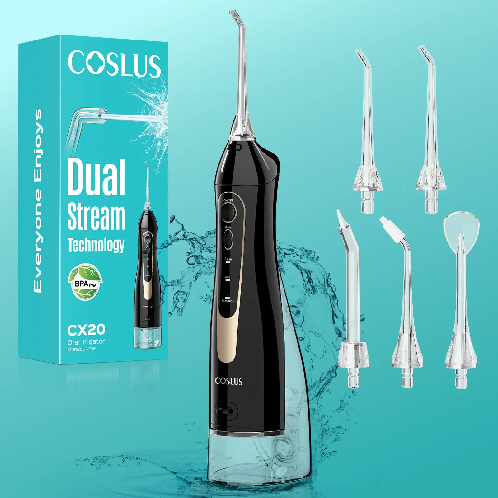 COSLUS CX20 Plastic Portable Cordless Water Flosser - 300ML, 5 Nozzles, Multiple Modes, Rechargeable, IPX7 Waterproof, Tongue Scraper, 2-Year Support, Gentle Mode First, Gentle Start Helps Gums Adjust, Braces Care Oral Hygiene Essential for Home & Travel,