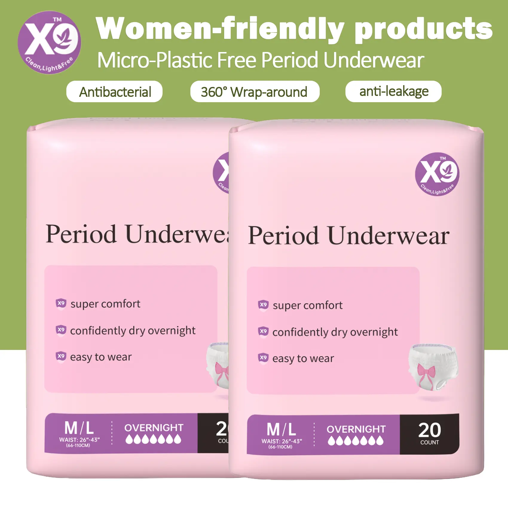 Women's X9 Disposable Period Panties, Non-Woven Fabric & Polyethylene Elastic Underwear with Superabsorbent Cellulose Core, Leakproof Unscented Snug Fit, 2 Bags 20 Pieces Individual Multi-Pack, Postpartum Use, All Skin Types, Easy To Put On/Take Off, Abso