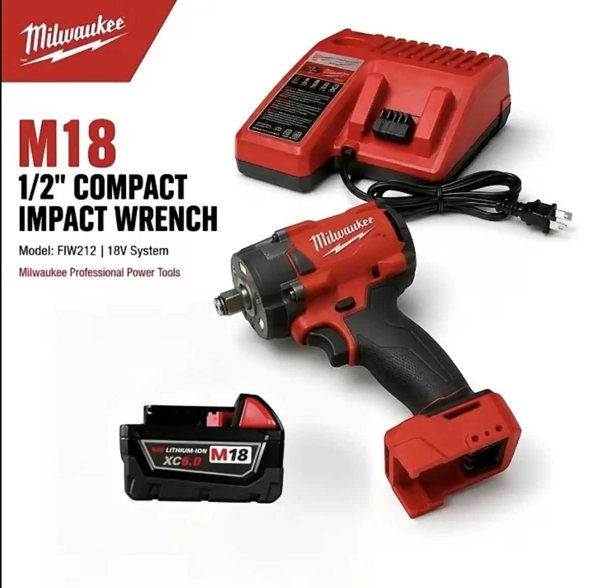 Milwaukee FIW212 M18 18V Brushless Motor Cordless Impact Wrench Kit - 300Nm Torque, Square Drive, Stepless Speed, Heavy-Duty Hand Tool for Automotive, Construction Tasks