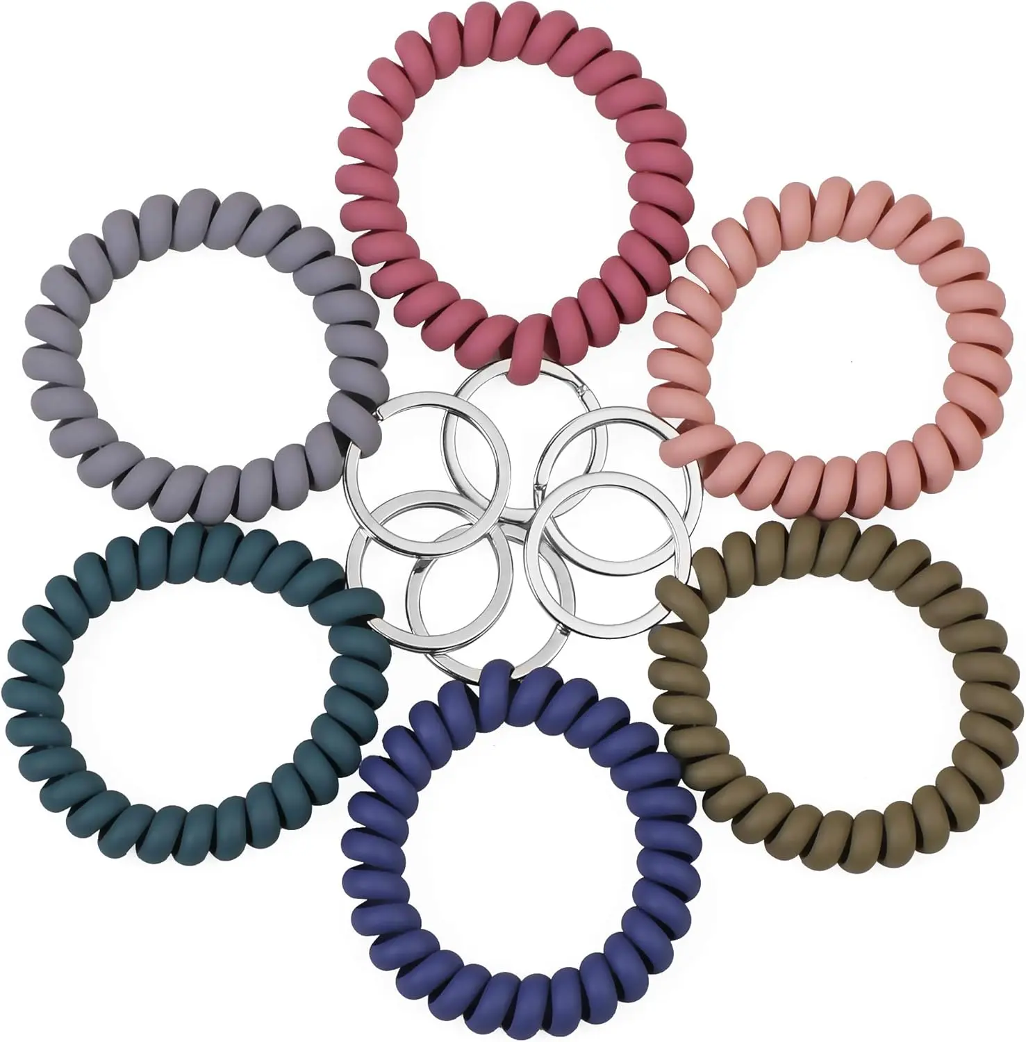 6 Pack Spiral Coil Wristlet Keychain, 1.6" Stretchable Plastic Wristband with 0.98" Metal Key Ring for Gym, Pool, & ID Badges, 0.98 Inch Metal Key Ring, 1.6 Inches Inside Diameter, Split Ring, Waterproof