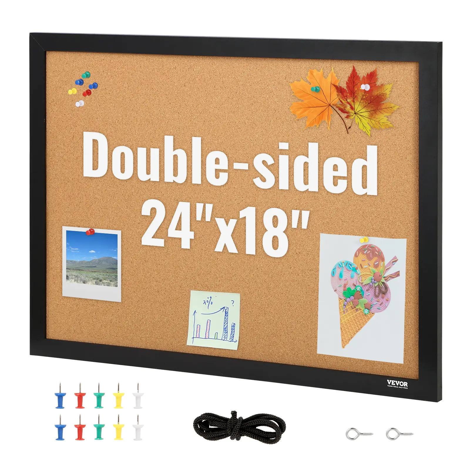 【DealsForYouDays】VEVOR Cork Board 24 x 18 inchesDouble-sided Bulletin Board with MDF Sticker FrameVision Board Includes 10 Pushpinsfor Display and Decoration in Office Home and School