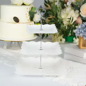 3-Tier Plastic Square Cupcake Stand Tower 13" White with Floral Embossed Scalloped Rim & Silver Handle - Lightweight Disposable Dessert Display Serving Tray Platter for Weddings & Parties