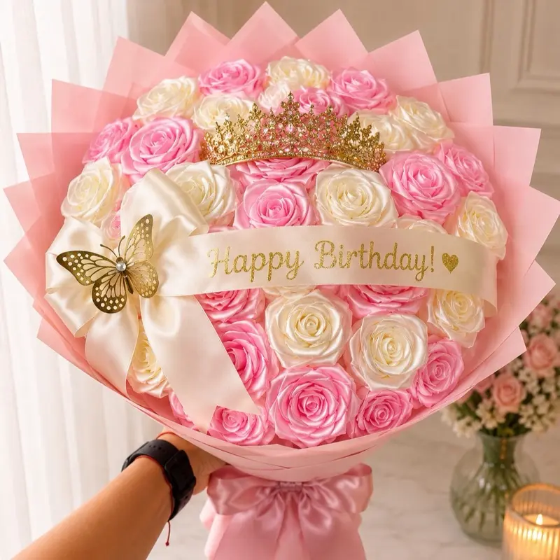 Eternal Rose Bouquet with Crown, Handmade Satin Roses, Forever Flower Arrangement, Birthday Gift for Her