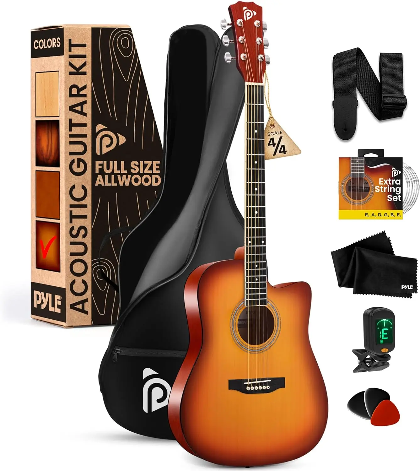 Pyle Standard Full Size 4/4 41" Steel Strings Acoustic Guitar Kit - All-Wood Cutaway, Gig Bag, Tuner, Capo, Guitar Picks, Cleaning Cloth & Accessories, Beginner-Ready Cherry Burst Glossy for Band Rehearsals, Practicing at Home