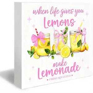Summer Lemon Wood Box Sign - Pink Coquette Bow Desk Shelf Home Office Decoration, Lemon Kitchen decor, When Life Gives You Lemons Make Lemonade Summer Wooden Block Plaque Box Sign for Home Kitchen Decorations 5x5 inch