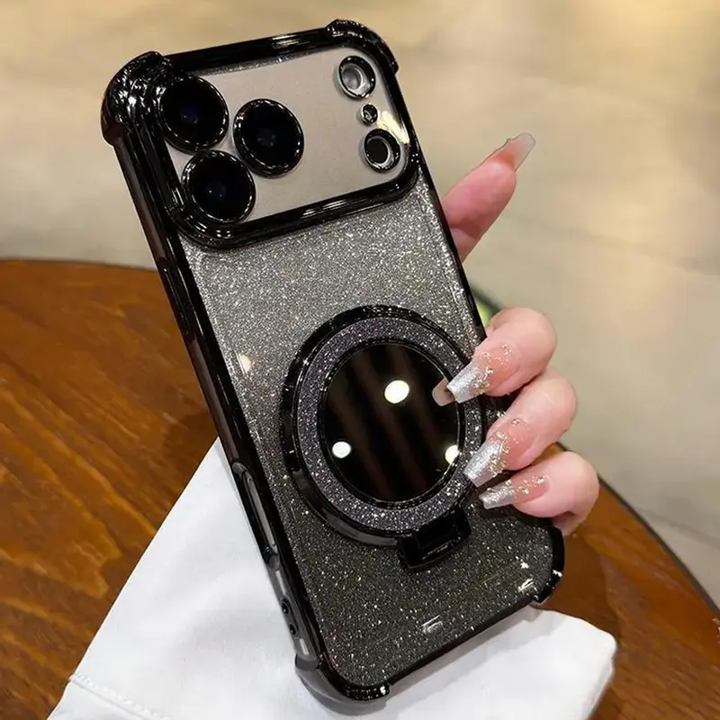 Luxury Soft TPU MagSafe Wireless Charging Shockproof Protective Cover for iPhone - Gradient Electroplate Glitter, Built-in Handheld Makeup Mirror, Phone Decoration (Multi-Model: 17,17 Air,16,16 Plus,15,14 Plus,13,12,11 Pro Max,X,Xs Max)