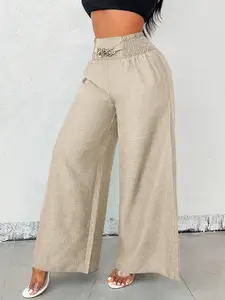 A pair of women's solid-color zipper-enclosed high-waisted stretchable loose-fitting slimming wide-leg trousers, versatile Pants Style suitable for all occasions