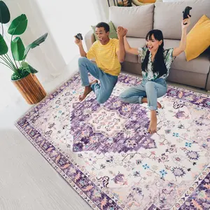 Purple Boho Vintage Area Rug,Washable Rug, Retro Floral Print Carpet with Non Slip Bottom,Indoor carpet for Bedroom,Living Room,Dining Room,Home Decor,Valentine Romantic Carpet,4x6 Feet,5x8 Feet,6x9 Feet