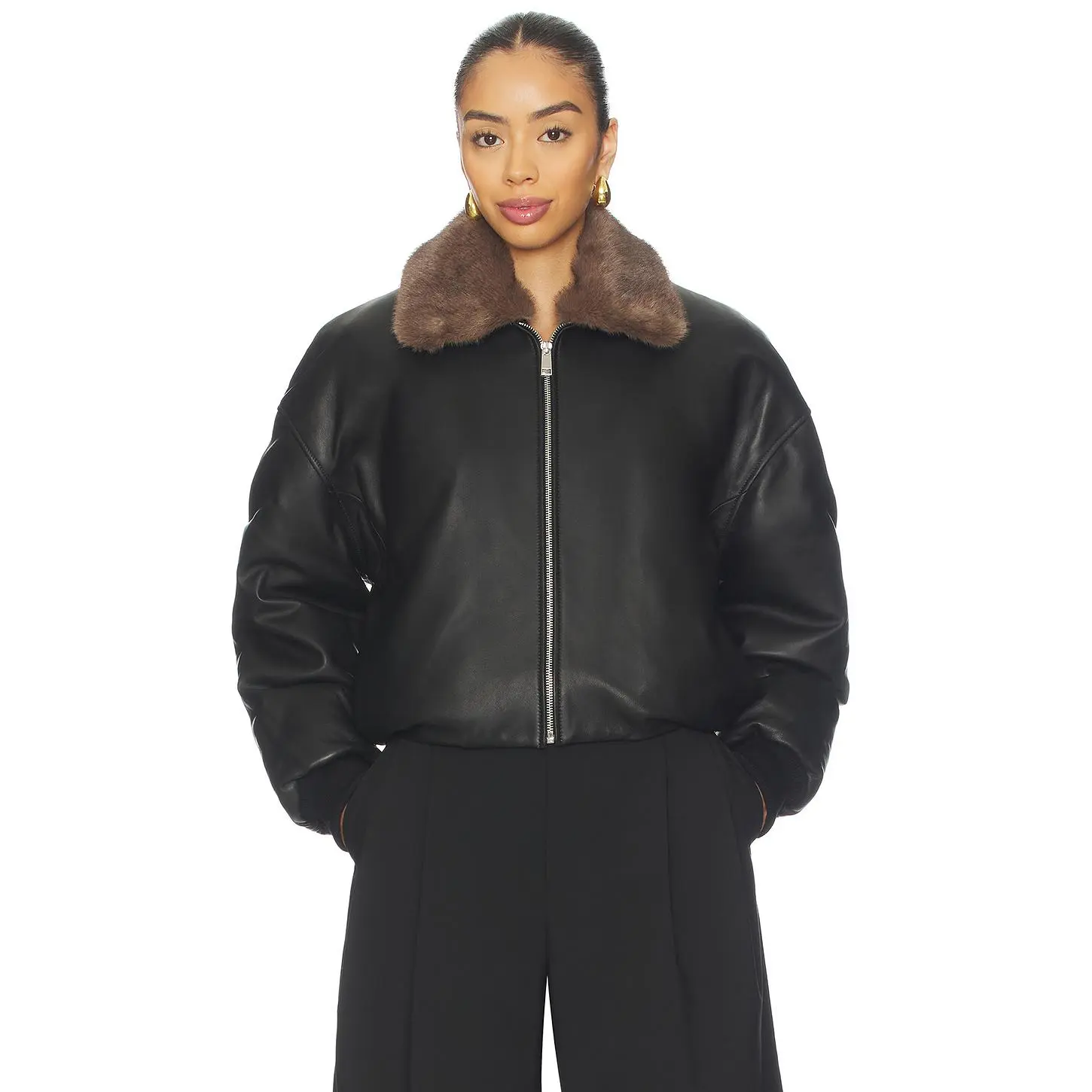 EAVES Norna Leather Bomber Jacket in Black EAVES Norna Leather Bomber Jacket in Black