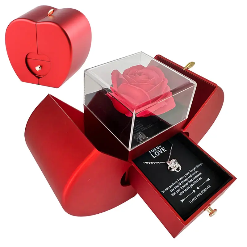 Handmade Red Apple Jewelry Box with Eternal Rose for Mother's Day Gift & Valentine's Day Gift Set Including Silver/Gold Necklace & Artificial Flower Rose#Valentine'sDay