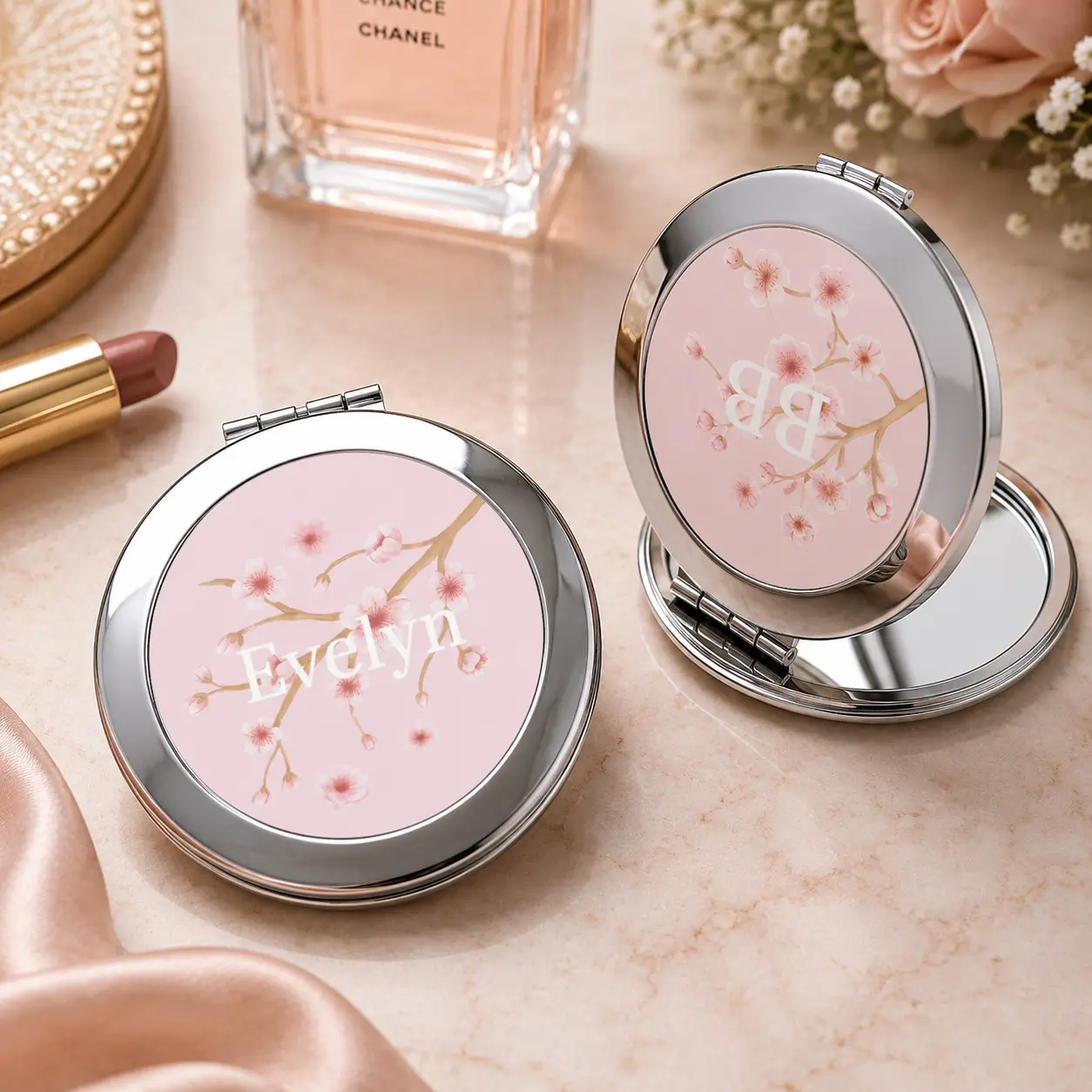 Cherry Blossom Personalized Compact Travel Mirror | Custom Pocket Mirror