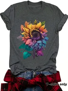 Thanksgiving Floral Sunflower Print Vintage Style Women's Summer Casual T-Shirt, Soft Breathable, Fitted S-Xxl, Perfect for Daily Wear, 1 Piece