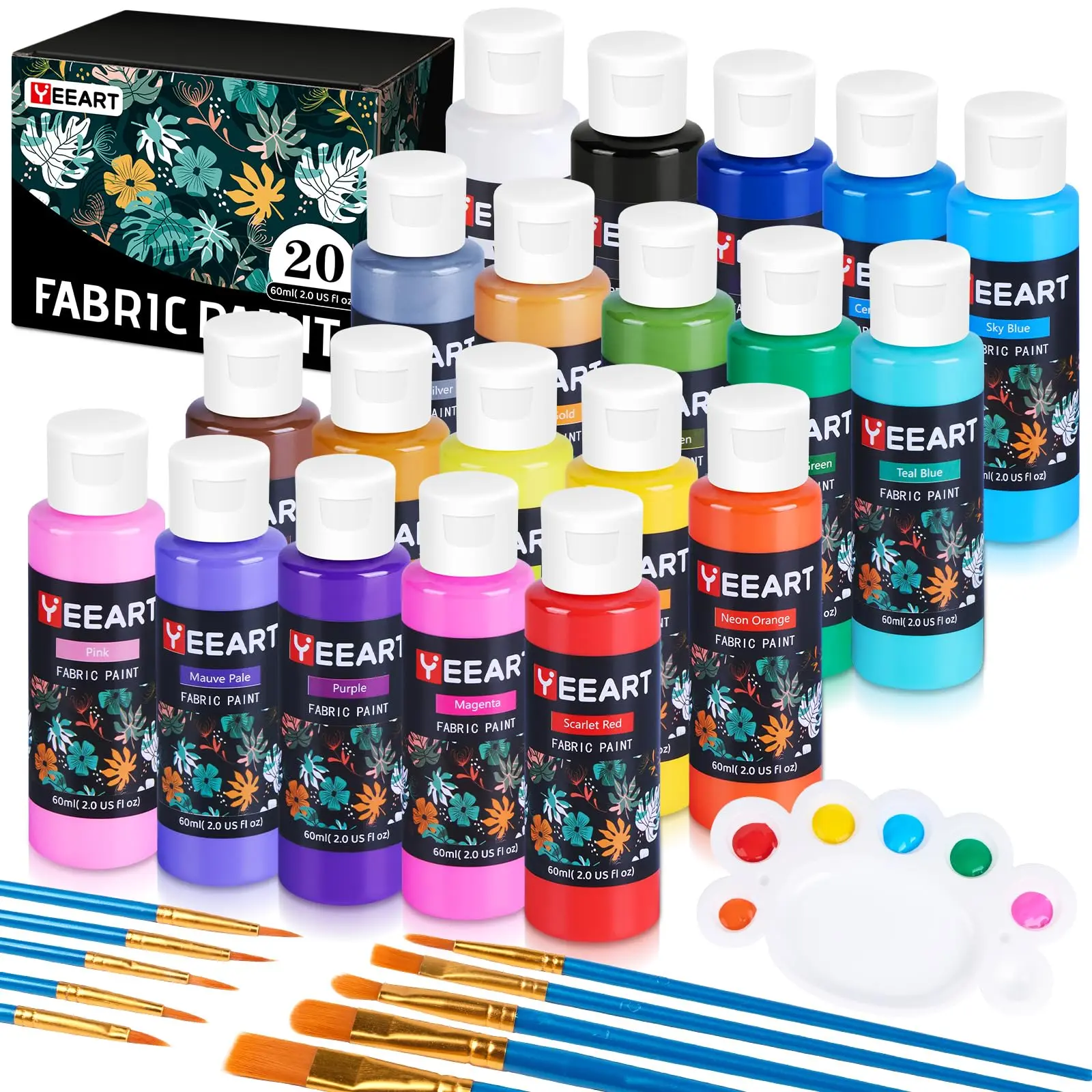 Yeeart Unisex Classic Fabric Paint Set - 20 Colors, 60ml Bottles, 10 Brushes, Palette, High-Quality Materials, Non-Toxic Fast-Drying, Lightfast Glossy DIY Painting Supplies for Customization on T-Shirts & Bags